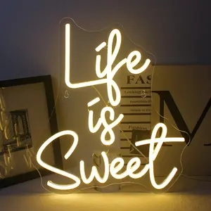 Life Is Sweet Neon Sign, USB Plug Powered LED Neon Light, Decorative Light for Home, Office, Shop, Coffee Shop, Proposal, Engagement, Wedding Scene