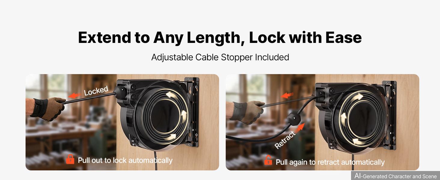 VEVOR Retractable Extension Cord Reel - 50FT Heavy Duty 14AWG/3C SJTOW Black, Ceiling Mount, Wall Mountable, 13A Circuit Breaker, Automatic Retraction, Lighted Triple Tap, 180° Swivel Bracket VEVOR Retractable Extension Cord Reel - 50FT Heavy Duty 14AWG/3C SJTOW Black, Ceiling Mount, Wall Mountable, 13A Circuit Breaker, Automatic Retraction, Lighted Triple Tap, 180° Swivel Bracket