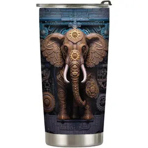 20oz Elephant Gifts for Elephant Lovers, Elephant Coffee Cup, Steampunk Mechanical Elephant Tumbler Cup, Stainless Steel Coffee Thermos Insulated Travel Mug with Lid - O