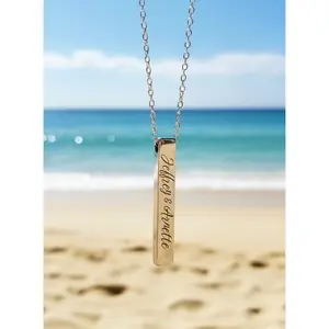 Personalized Couples Anniversary Wedding Stainless Column Necklace Pendant Silver Rectangle Engraved