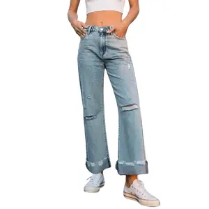 Leg Lengthening High Waisted Straight Leg Jeans - Light Wash Distressed Ripped Denim, Relaxed Fit Wide Leg Pants with Rolled Hem Wideleg Minimalist