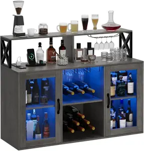 Gaomon Modern Bar Liquor Cabinet - Engineered Wood with Double Doors, Open Top, RGB LEDs, Power Outlets, Glass Holder, Storage & Racks - Modern Home Furniture for Kitchen