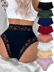 Women's Lace Patchwork Ice Silk Triangle Panties 8 Pack, Comfortable Mid-Waist Underwear Set, Fashionable Daily Wear, Feminine Lingerie, Soft Underwear