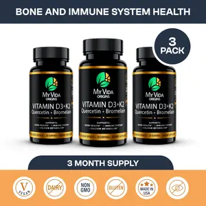 My Vida Origins Vitamin D3 + K2 with Quercetin & Bromelain – Vegan Formula with MCT Oil for Max Absorption – Supports Bone, Immune & Heart Health – 2100 IU – 3 Month Supply