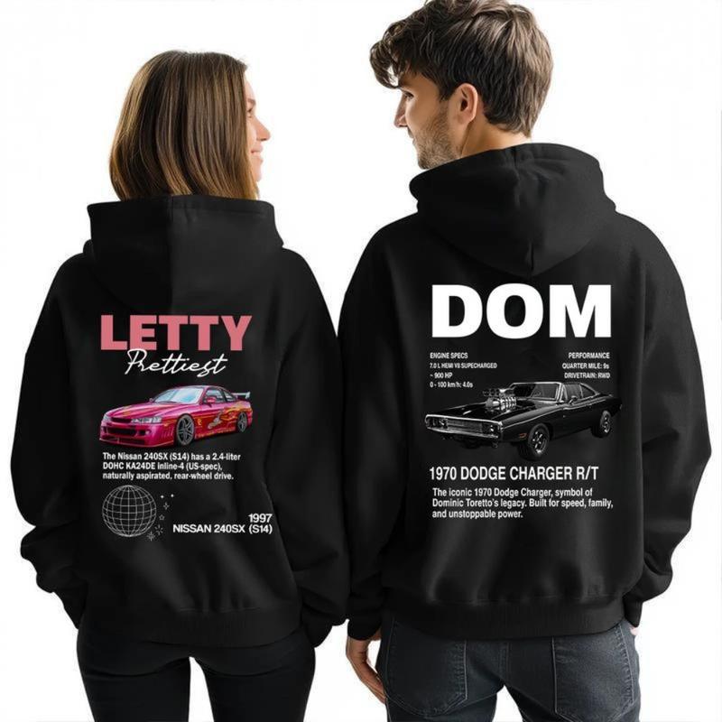 Double-sided Letty & Dom car enthusiast couple T-shirts, sweatshirts, and hoodies, perfect gifts for couples, unisex car movie sets, creative Valentine's Day gifts, and an excellent choice for couples.