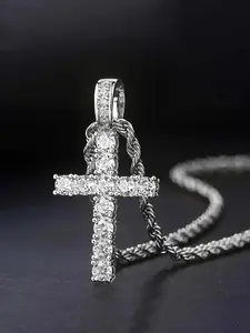Single Piece Trendy Cross Micro-inlaid Zircon Twist Chain Necklace, Retro Cool Style, 3D Cross Shape Not Monotonous/Tightly Inlaid Zircons Not Falling Off, Stylish for Holiday Gifts/Super Fashionable for Daily Layering, Cross Charm Necklace