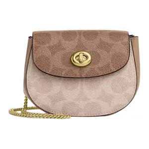 COACH Turnlock 12 Mini Shoulder Bag with Chain Strap and Coated Canvas in Gold and Sand for Women