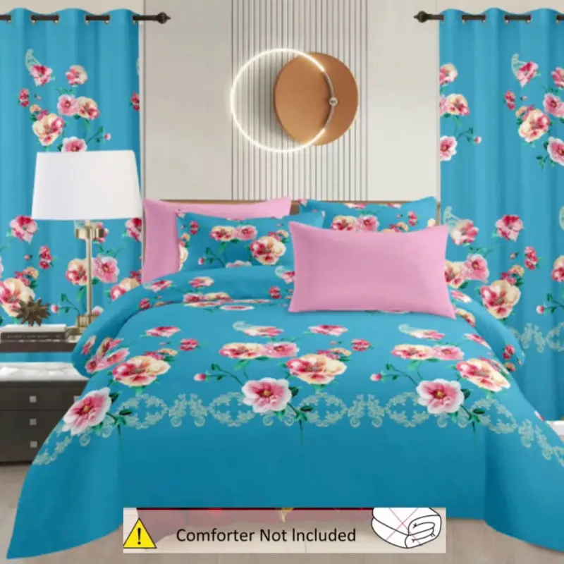 King Size 8-Piece Cotton Bedding Set with Sheet , Pillowcases, Curtains,  (No Comforter) and Wall Art – Modern Coordinated Bedroom Décor Set