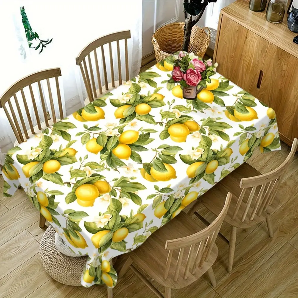 1 piece, lemon floral print Rectangle Tablecloth, bright yellow lemons with green leaves, a perfect choice for dining room, office, kitchen, picnic decoration, and gifts