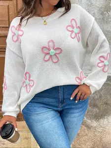 【Plus Size】 Floral Pattern Drop Shoulder Sweater Pullover Knitwear, Casual Long Sleeve Round Neck Jumper for Fall & Winter, Women's Plus Clothing for Daily Wear