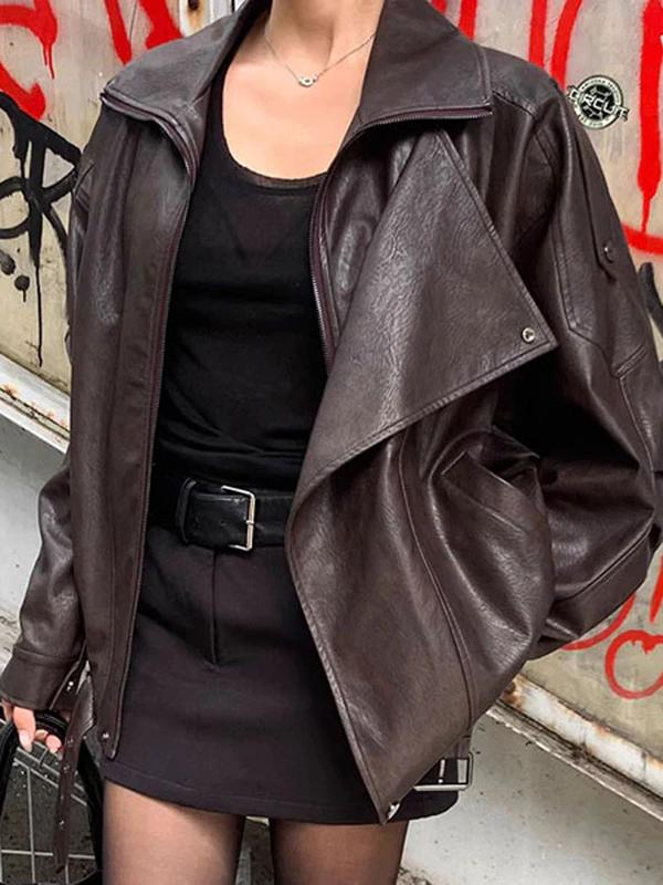 Women's Stand Collar Faux Leather Jacket, Streetwear Casual Long Sleeve Outerwear for Spring & Fall & Winter, Ladies' Waterproof & Windproof Clothes for Daily Wear, Oversized Jacket for Women