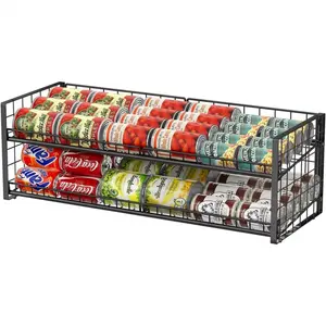 2-Tier Stackable Can Organizer for Pantry, Adjustable Extra-Long Can Rack for Pantry Shelf Organizer and Storage, Sturdy Standing Can Holder for Canned Soup Food Goods Storage up to 64 Cans, Black