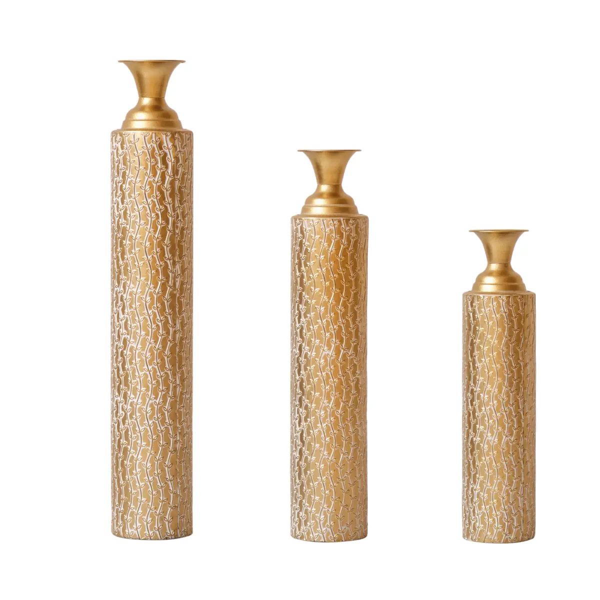 3-Piece Shine Enhancing Polished Gold Vintage Metal Centerpiece Vase Set (25in,29in,34in) - Varied Height Glam Traditional Iron Tall Floor Artistic Design Vases, Etched Swirl Vine, Single Boxed, for Living Room Home Decor