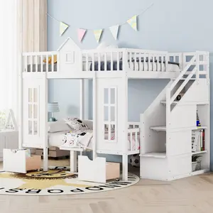 Full-Over-Full Bunk Bed with Changeable Table Bunk Bed Turn into Upper Bed and Down Desk -White