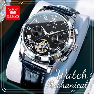 OLEVS 6607 Men's Automatic Mechanical Watch, Hollow Skeleton Flywheel Dial, Multi-Function Calendar, Waterproof Luminous Business Dress Wristwatch