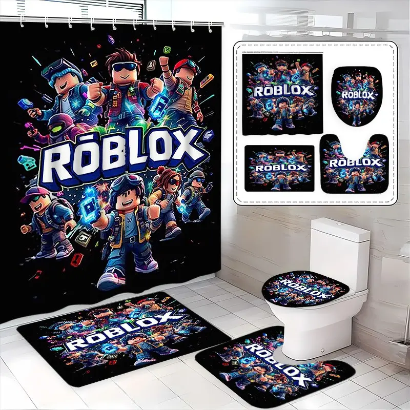 Roblox Game Theme Bathroom Four Piece Set, Character Print Shower Curtain, Player Exclusive Bath Mat, Toilet Pad, U-Shaped Pad, Elegant Bathroom Decor