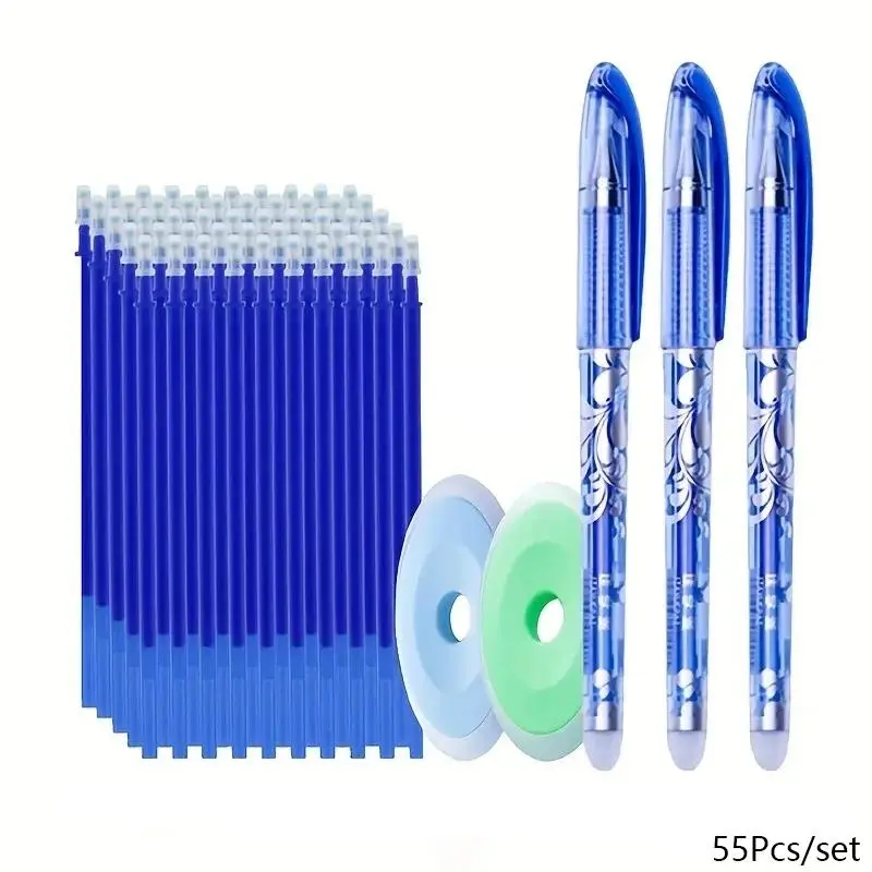 55pcs/set Erasable Pen, Special Pen, College Student Pen, Replaceable Ink Pen, Refillable Ink Pens, Erasable Gel Pens with 50pcs Refill & 2pcs Eraser, 0.5mm Pen For Office, School, Student, Writing, Writing Tools, Stationery Office Supplies