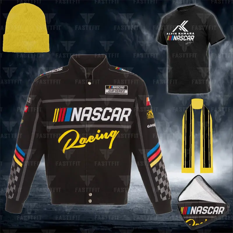 JH Design Black Nascar Twill Driver Uniform Full-Snap Jacket (FREE T-shirt, FREE Beanie Cap, FREE Scarf, FREE Bag)