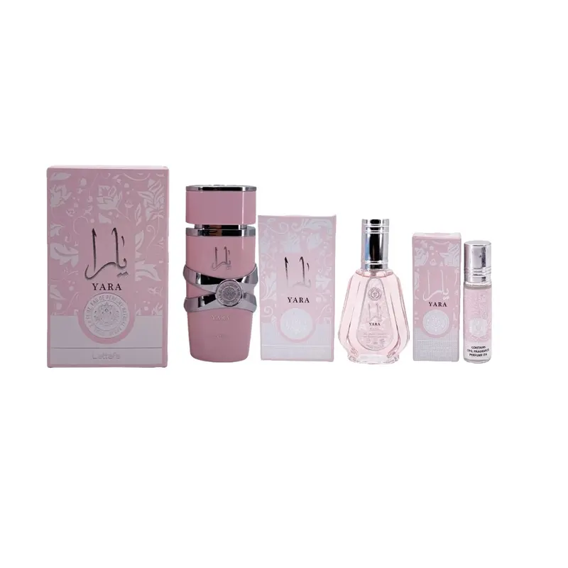 Lattafa Yara Women's Fragrance Giftset - Yara Pink 3.4fl.oz EDP, 10ml Roll-On, Al Zaafaran 1.7fl.oz Liquid Fragrance, Floral Gourmand Scent Layering Bundle with Vanilla Scents, Orchid+Tangerine, Coffee-Patchouli, Citrus, Mini Toiletries for Purse