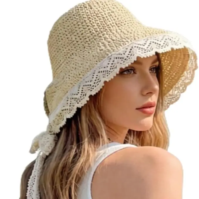 Womens Wide Brim Straw Sun Hat UV Protection Foldable Floppy Lace Beach Cap Packable Summer Travel Fedora Safari Gardening Bucket Hat Breathable Elegant Large Brim Roll Up Sunshade Visor for Vacation Cruise Poolside Wedding Party