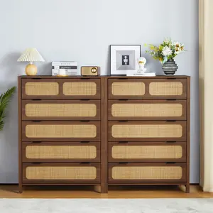 Giratree 4 5 Drawer Chest Dresser, Rattan Tall Dresser 5 Chest of Drawers for Bedroom, Wood Storage Cane Cabinet with Metal Handles, for Living Room, Hallway, Nursery