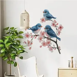 Peach blossom branch bird butterfly wall sticker, plant floral art wall sticker, removable vinyl peel and stick, suitable for living room bedroom nursery bathroom home decor