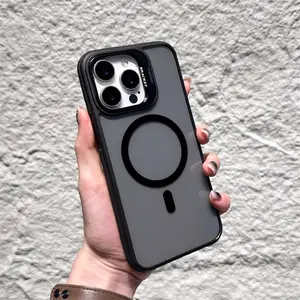iPhone phone case, new dual-color shield lens stand magnetic transparent phone case, suitable for iPhone 11/12/13/14/15/16/PRO/MAX, anti-drop phone protective case, frosted semi-transparent, skin-friendly touch, contrasting color frame, metal buttons