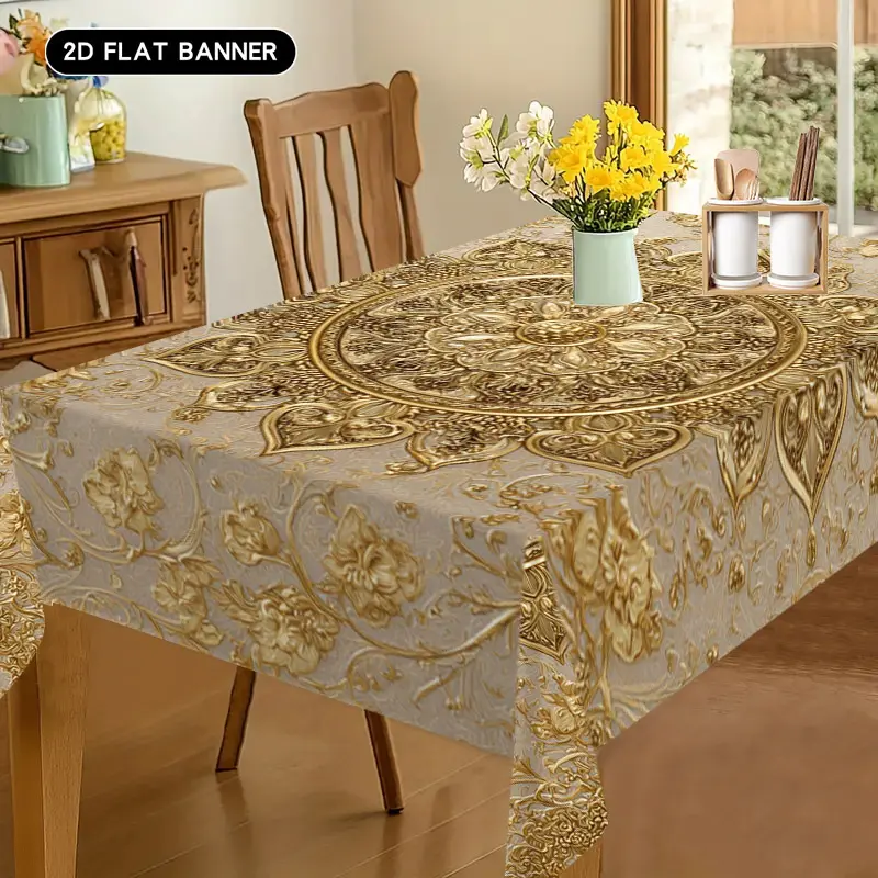2D Flat Golden Mandala Floral Tablecloth, Vintage Gold Flower Table Cover, Islamic Ramadan Eid Party Decor, Arabic Table Centerpiece, Washable Table Cloth for Dining Room Kitchen Indoor Outdoor Celebration