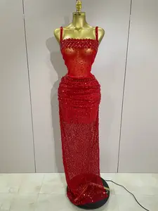 Amina Sparkly Red Rhinestone 2-Piece Long Dress – Party & Stage Glam