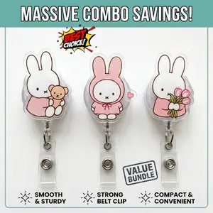 [Best Value Bundle] Cute Pink Miffy With Tulip, Bear and Hat Badge Reel , Bunny Retractable ID Holder, Kawaii Acrylic Badge Clip For Students & Officers
