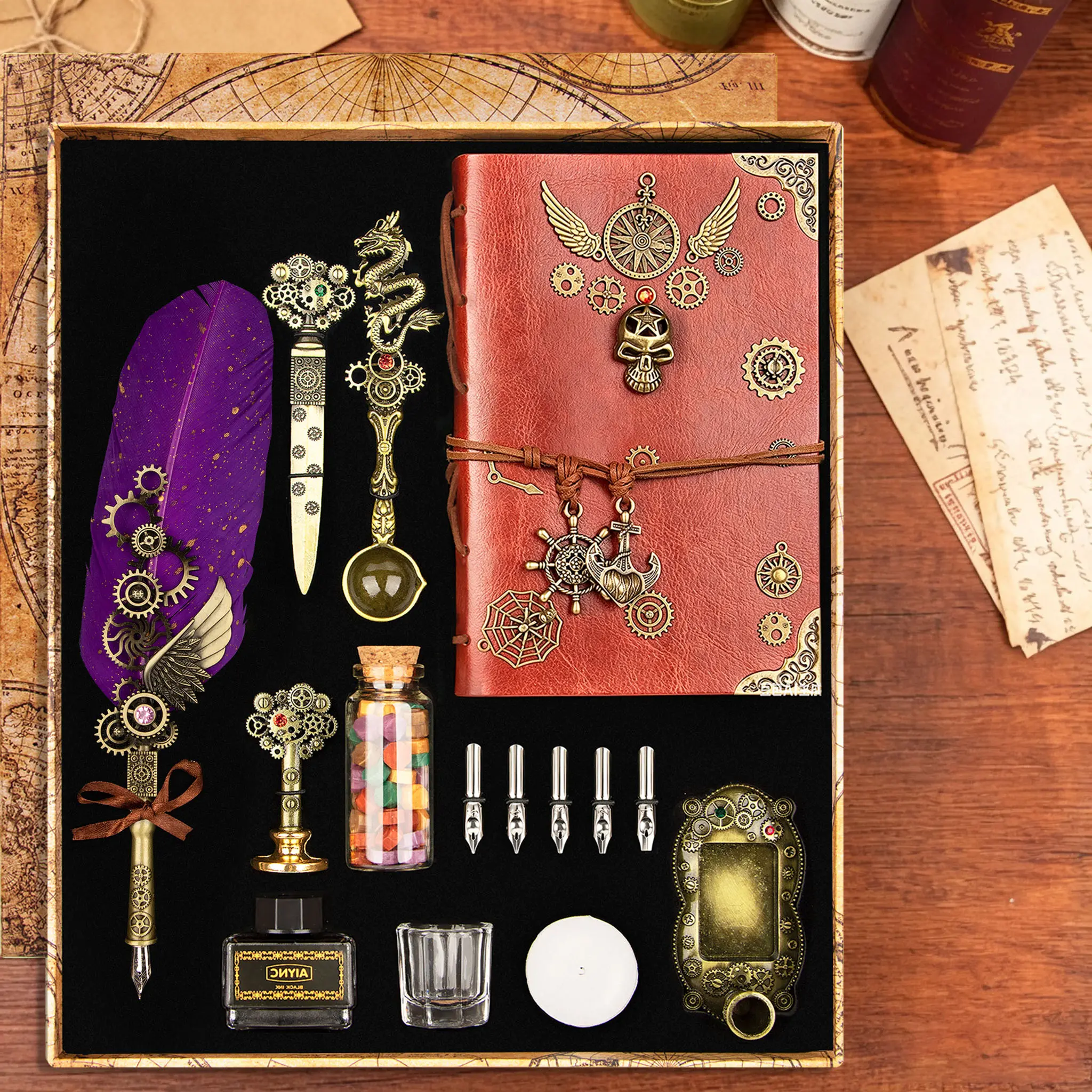 Vintage Feather Quill Pen Set, Aesthetic Pens, 1 Box RetroCalligraphy Painting Pen Set with Leather Journal, Wax Seal Stamp, Color Ink, Antique Dip Pen Gift Box for Writers, Holiday Presents, Ideal Calligraphy Giftsfor Holidays(Purple Feather)