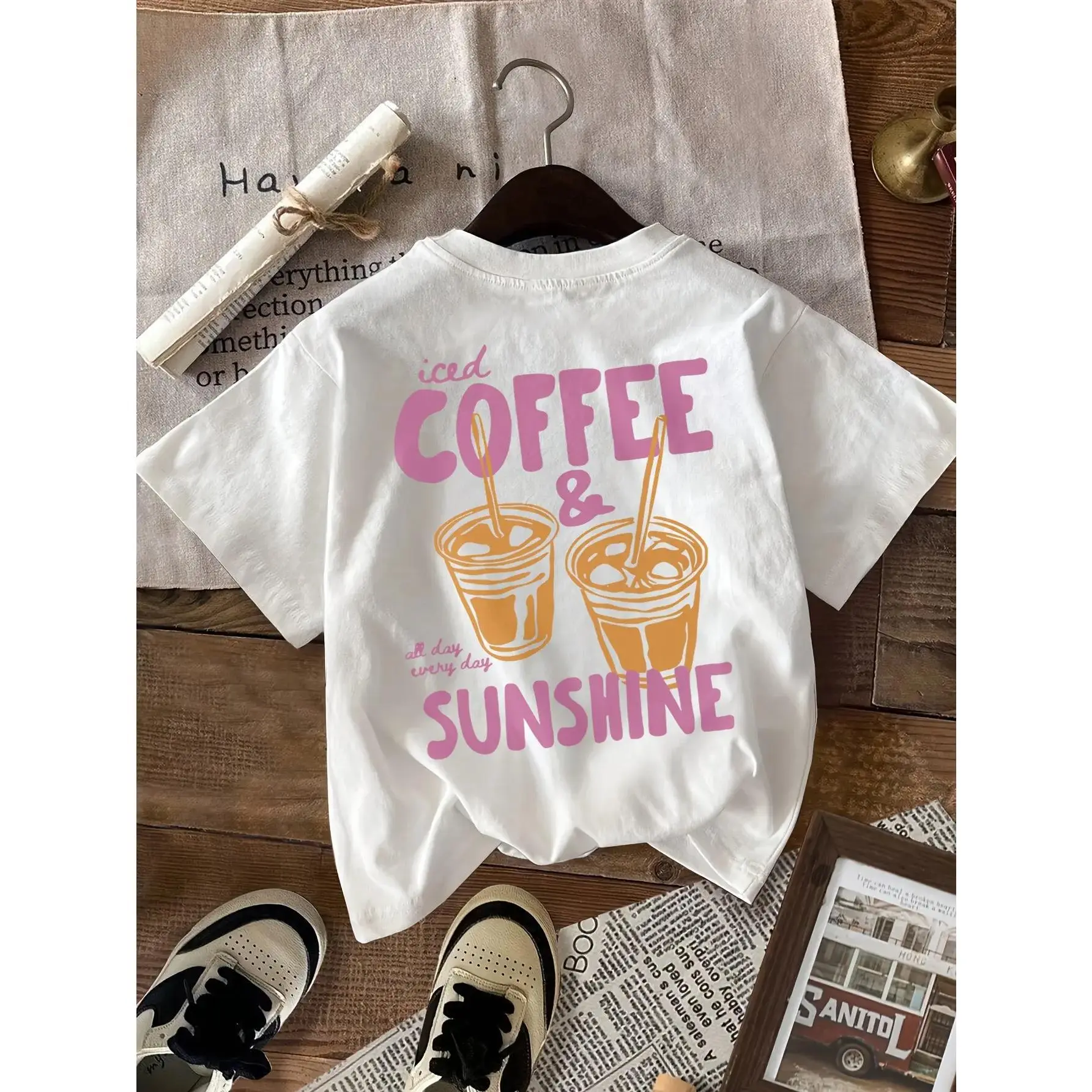 Unisex Graphic Tshirt with "Iced Coffee And Sunshine" Print, Loose Fit Cotton Shortsleeve Top for Coffee Lovers, Casual, Streetwear, T-Shirt, Breathable Fabric, Coffee Theme