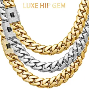 Luxe Hip Gem 2026 Cuban Link Chain Necklace, Gold Plated Stainless Steel Hip Hop Necklace, 14mm Miami Cuban Chain with Box Clasp