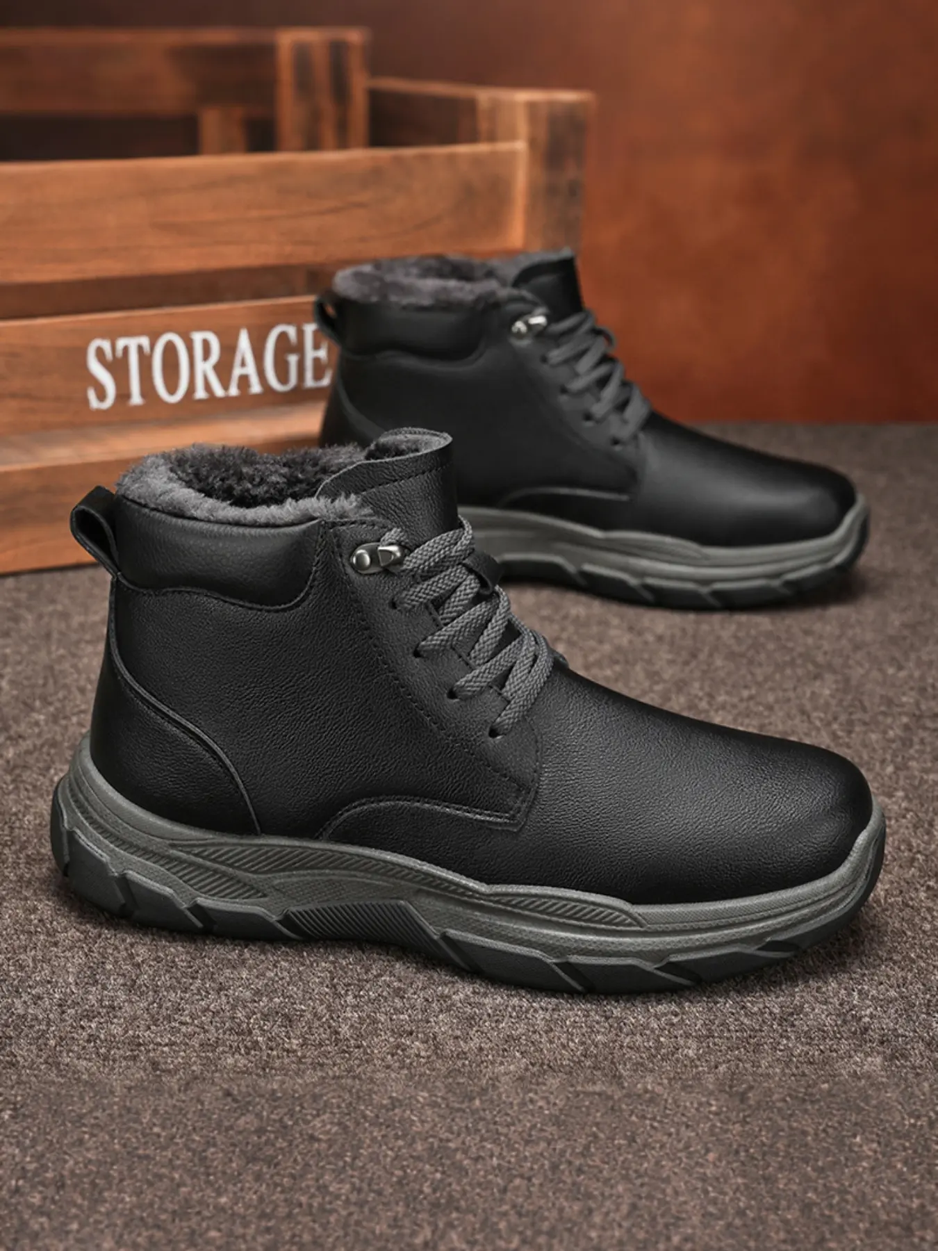 Men's Fleece Lined Warm Shoes, Fall Winter One-Step Easy On/off Design, Thick High Top Fashion Casual Shoes