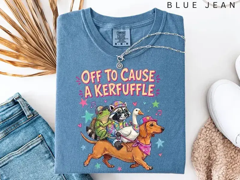 Comfort Colors Off to Cause a Kerfuffle Shirt, Funny Animal Meme Graphic Tee, Dachshund Frog Raccoon Goose T-Shirt, Chaotic Humor Shirt,Funny Animal Graphic Tee, Raccoon Goose Frog Dachshund T-Shirt, Sarcastic Graphic Tee