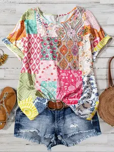 Plus Size Women's Patchwork Print Top, Loose Fit Round Neck Short Sleeve Shirt, Bohemian Style Summer, Casual Daily Wear