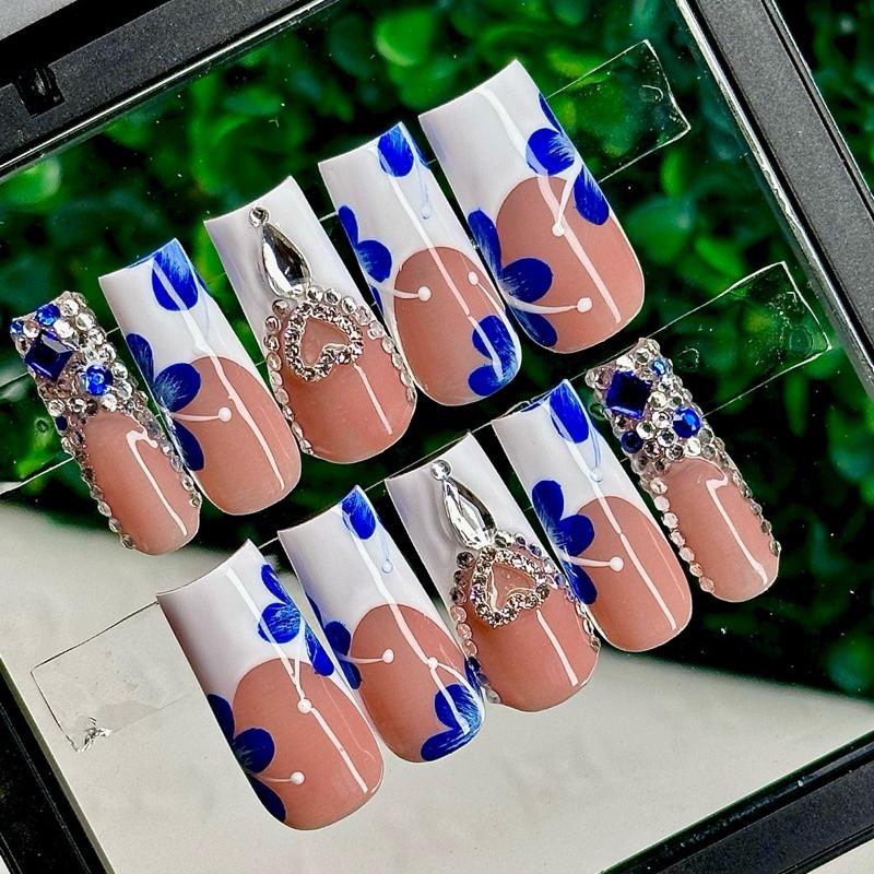 ACRYLIC Blue Flower White French Tip Bling High Quality Hand Made Custom Press On Nails Long Medium Square Coffin Almond Stiletto