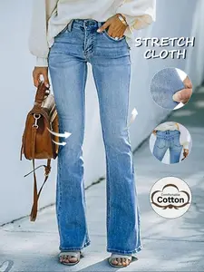 Women's Low-Waist Stretch Flare Jeans, Casual Washed Denim Jeans with Pockets, Button Fly Closure, All Seasons Fitted Style