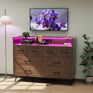 Modern 8-Drawer Dresser with Charging Station & RGB Lights | Wide Bedroom Dresser Chest with 3 Outlets + 2 USB Ports, App-Controlled LED Lighting for Gaming Setup & Makeup Vanity, Antique Brown