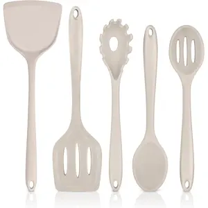 Silicone Cooking Utensils Set, 5-Piece Heat Resistant Kitchen Utensils Set, Nonstick Slotted Solid Spoon Turner Pasta Server for Frying, Serving, Mixing, Non-Toxic & Dishwasher Safe, Khaki