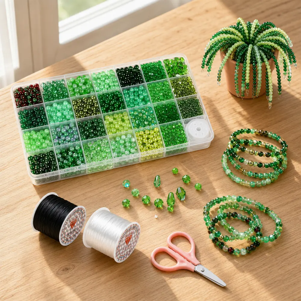1600 Pieces Green Glass Beads for Bracelets with Elastic String, Green Beads for Beaded Plants, 6mm Glass Beads for Jewelry Making Crystal Round Beads for Bracelet Necklace Beaded Plant DIY Crafts