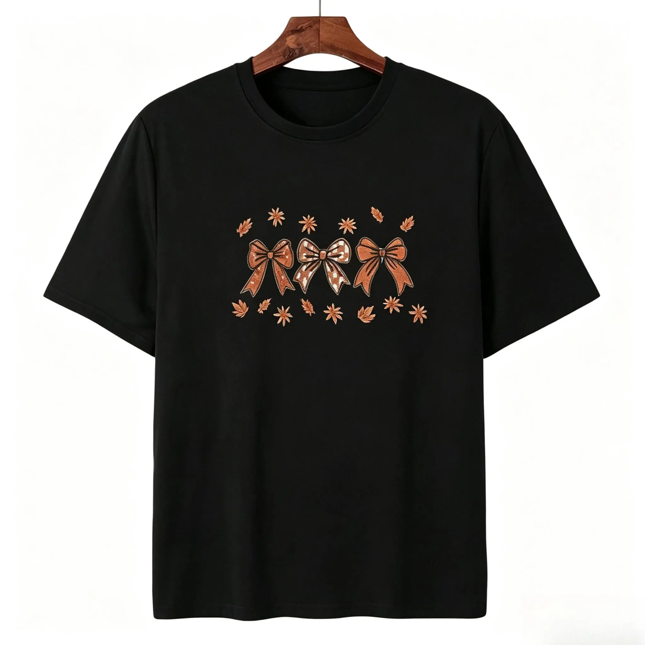 Fall bows 3 bows with leaves embroidered Women's tee