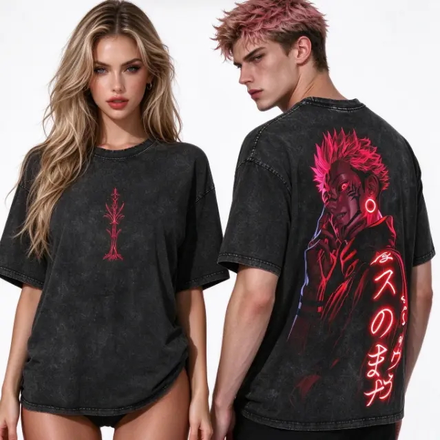 Vintage Acid Washed Jujutsu Kaisen Ryomen Sukuna T-shirt,Anime Grunge Streetwear Y2K Tee,Retro Distressed Oversized Manga Graphic Shirt,Unisex Casual Cotton Top for Anime Fans