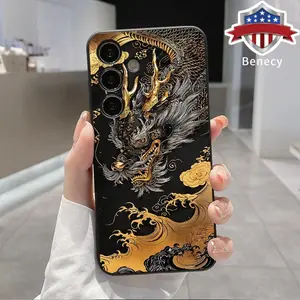 Mystic Golden Dragon Pattern Straight Edge Phone Case Compatible with Galaxy S23 Ultra S24 Plus S25 S22+ Shockproof Drop Protection Rugged Durable Liquid Silicone Cover Cellphone Protective