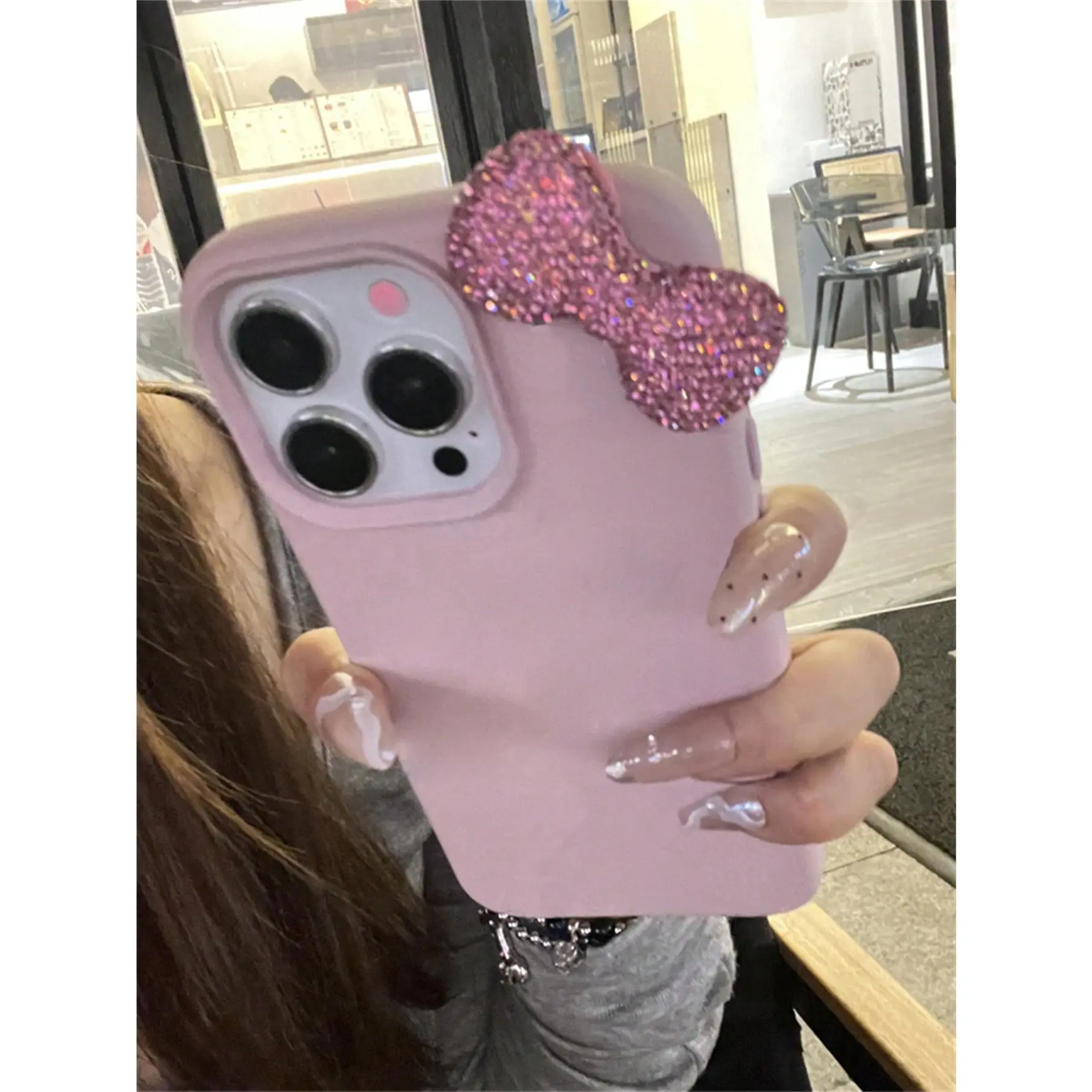 Apple Luxury Rhinestone Bow Litchi Pattern Phone Case Compatible With IPhone 16 15 14 13 12 11 Pro Max X XR Cute Bowknot Shockproof Cases