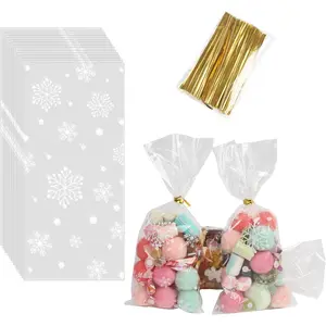 120 count Christmas Cellophane  Bags,Clear Plastic Candy Cookie Packing Bags with Twist Ties for Winter Holiday  Year Xmas Party Supplies(Snowflakes)