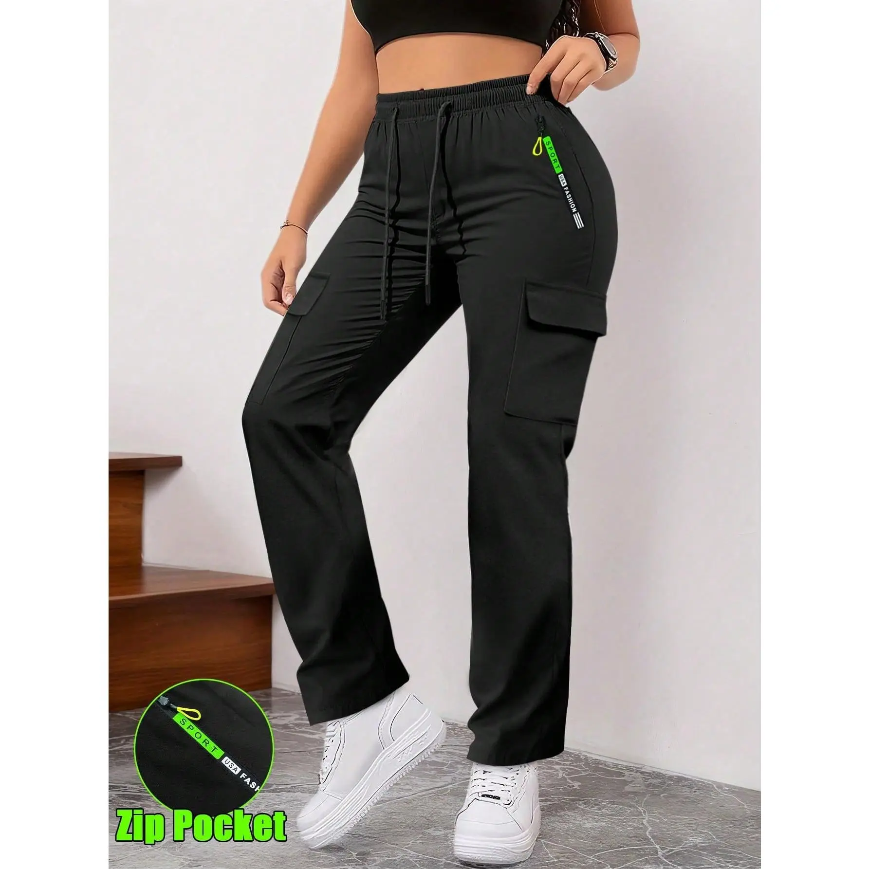 Women's Stylish Cargo Pants - Spring/Autumn Bottom, Lady's Comfortable Everyday Wear, Zipper & Large Pockets, Drawstring Elastic Waist, Slim Fit Casual Outdoor Trousers (Stylish Women's Wear)