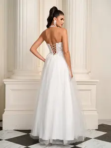 Halter Neck Deep V Embroidered Appliqué Mesh Tie A-line Wedding Dress