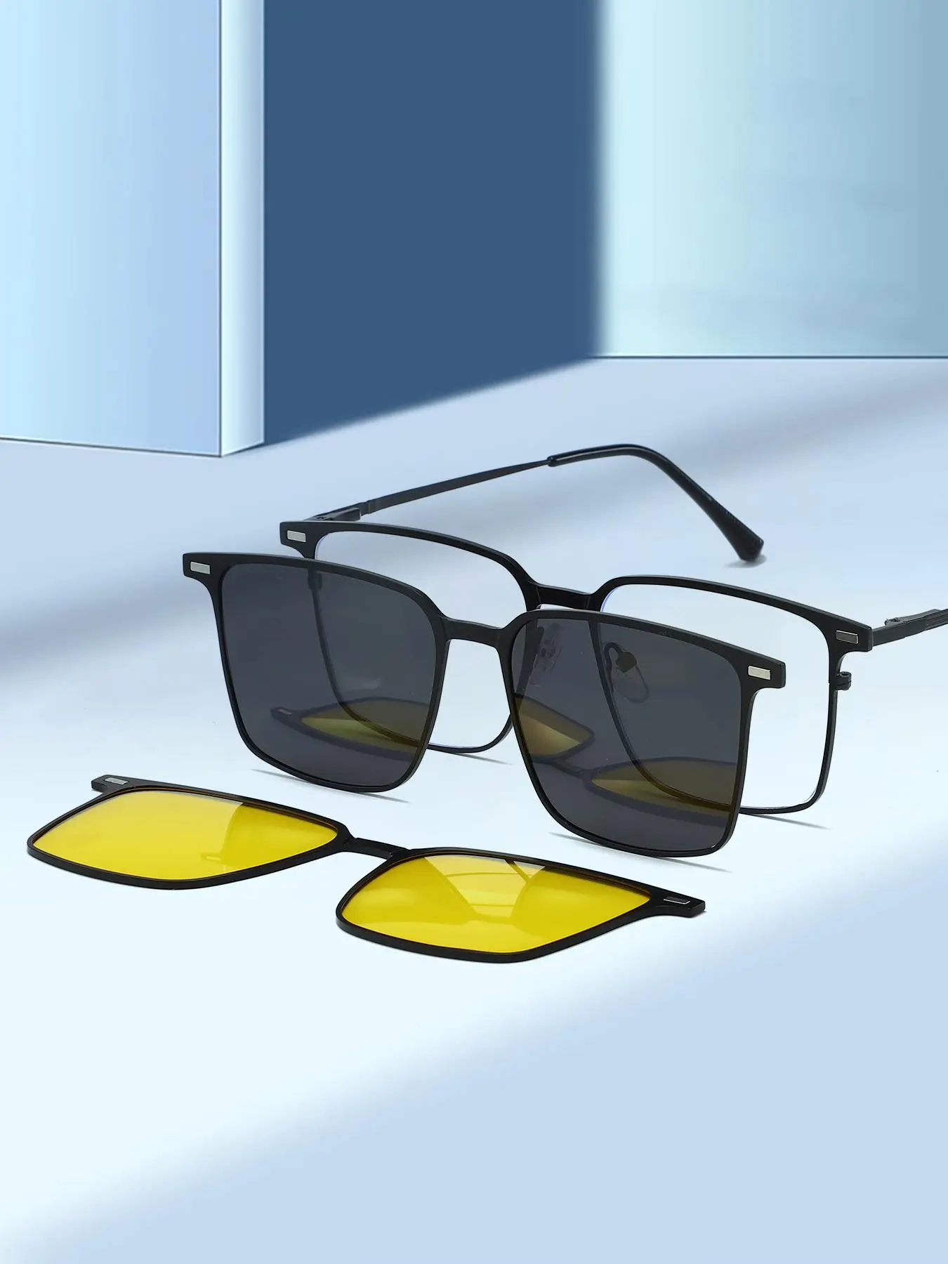 Men's Business Style Magnetic Sunglasses Set, Including Sunglasses & Replaceable Lenses & Glasses Storage Bag, Fashion Accessories for Everyday Use