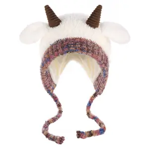 Winter Warm Faux Fur Knit Beanie – Cute Sheep Horn & Ear Design, Thick Lined Earflap Crochet Hat for Women